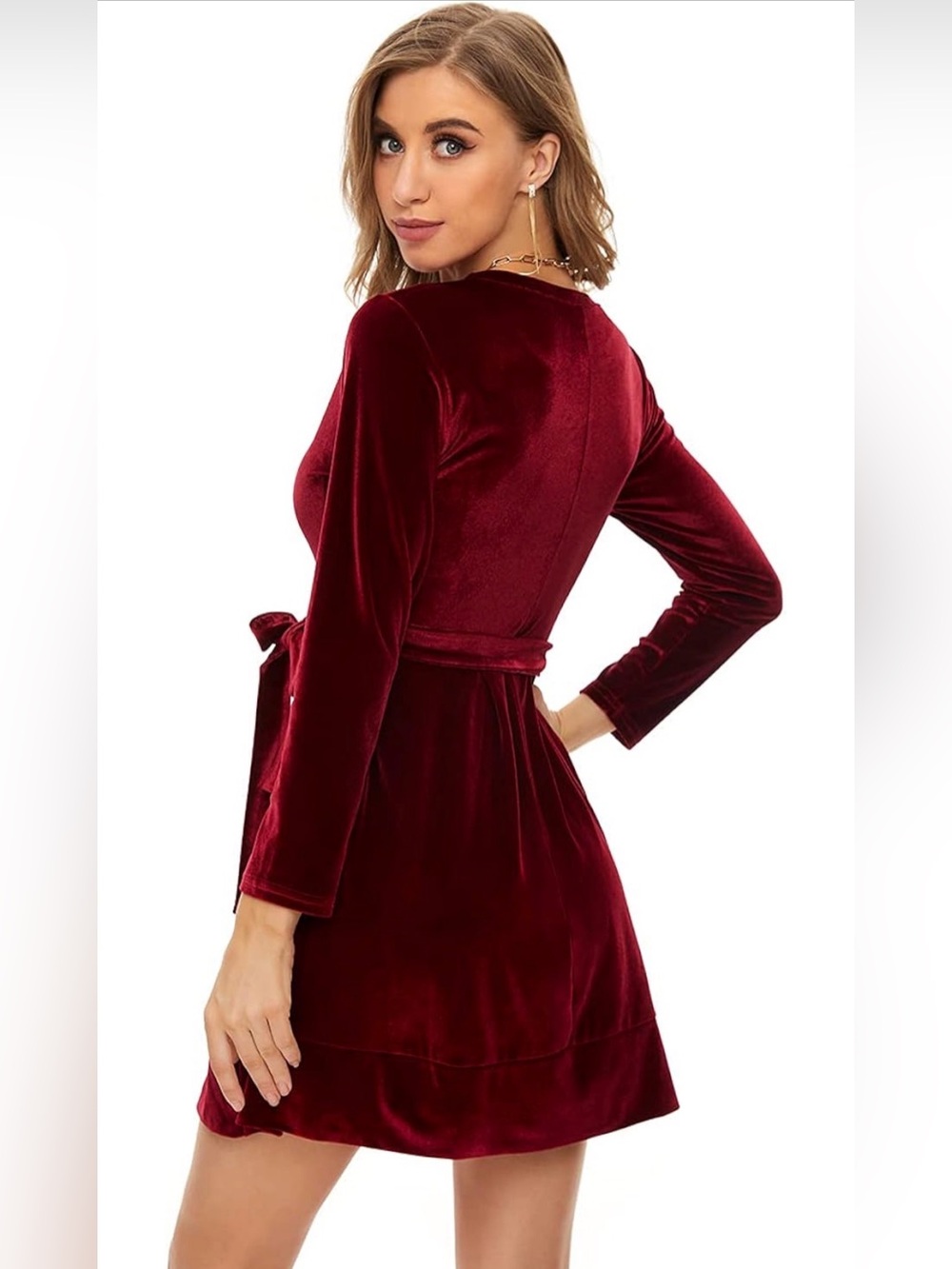 Deep Red Velvet Long Sleeve Dress